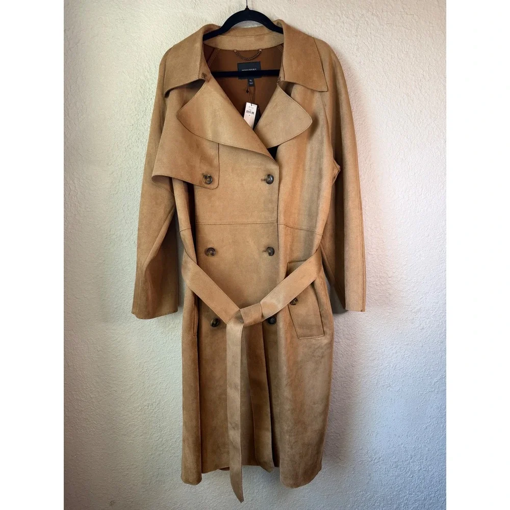 Banana Republic Camel Vegan Suede Trench Coat XL Long - Picture 2 of 11